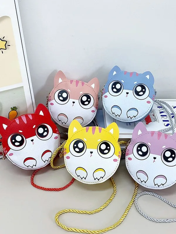 Sac Bandoulière Chat Dessin Animé Pour Enfants Petit Sac À Main Rond En Cuir PU Pour Petites Filles Mode Pochette