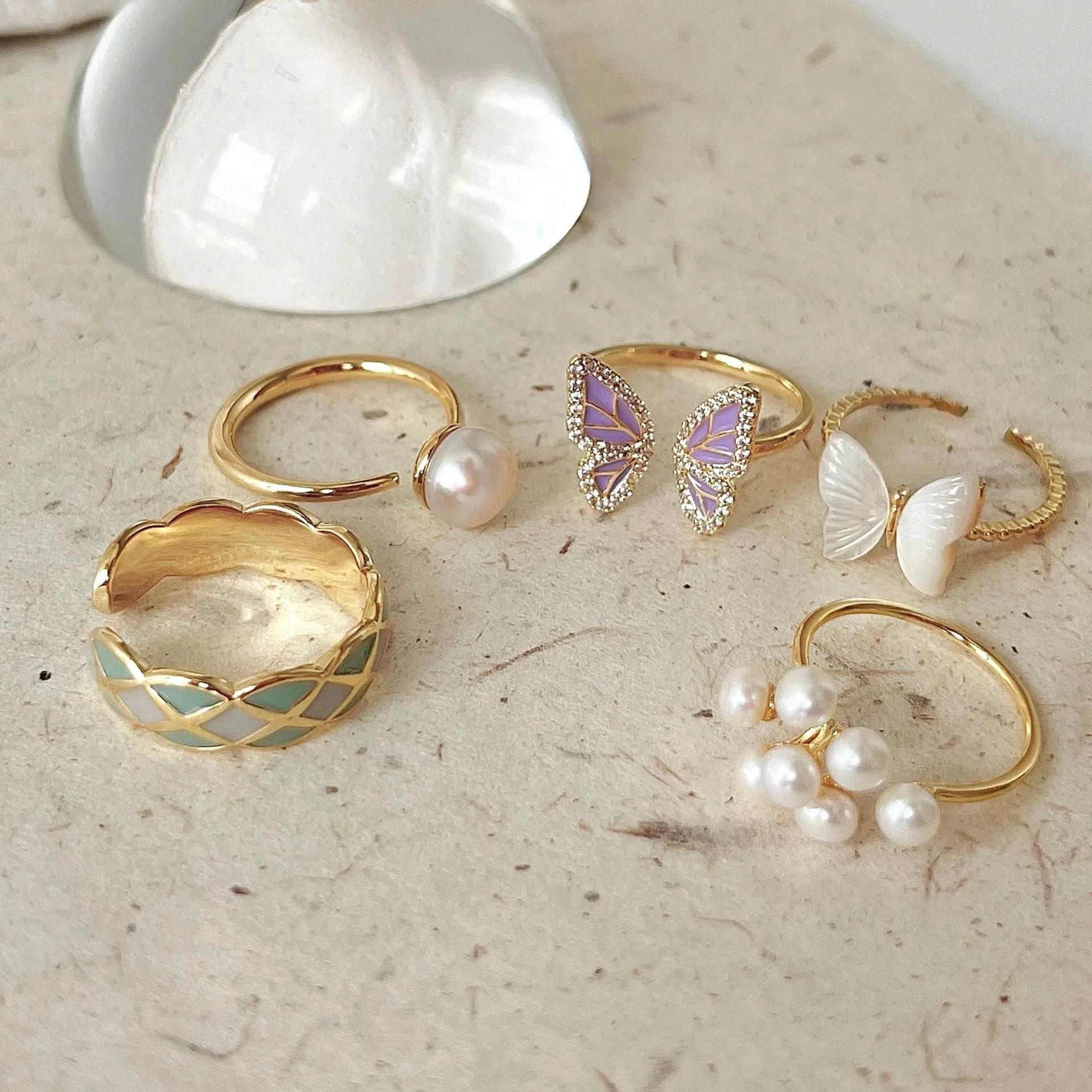 Butterfly Artificial Pearl Adjustable Rings Set Copper Enamel Zircon Shell Flower Design Vintage Style For Women Elegant Jewelry