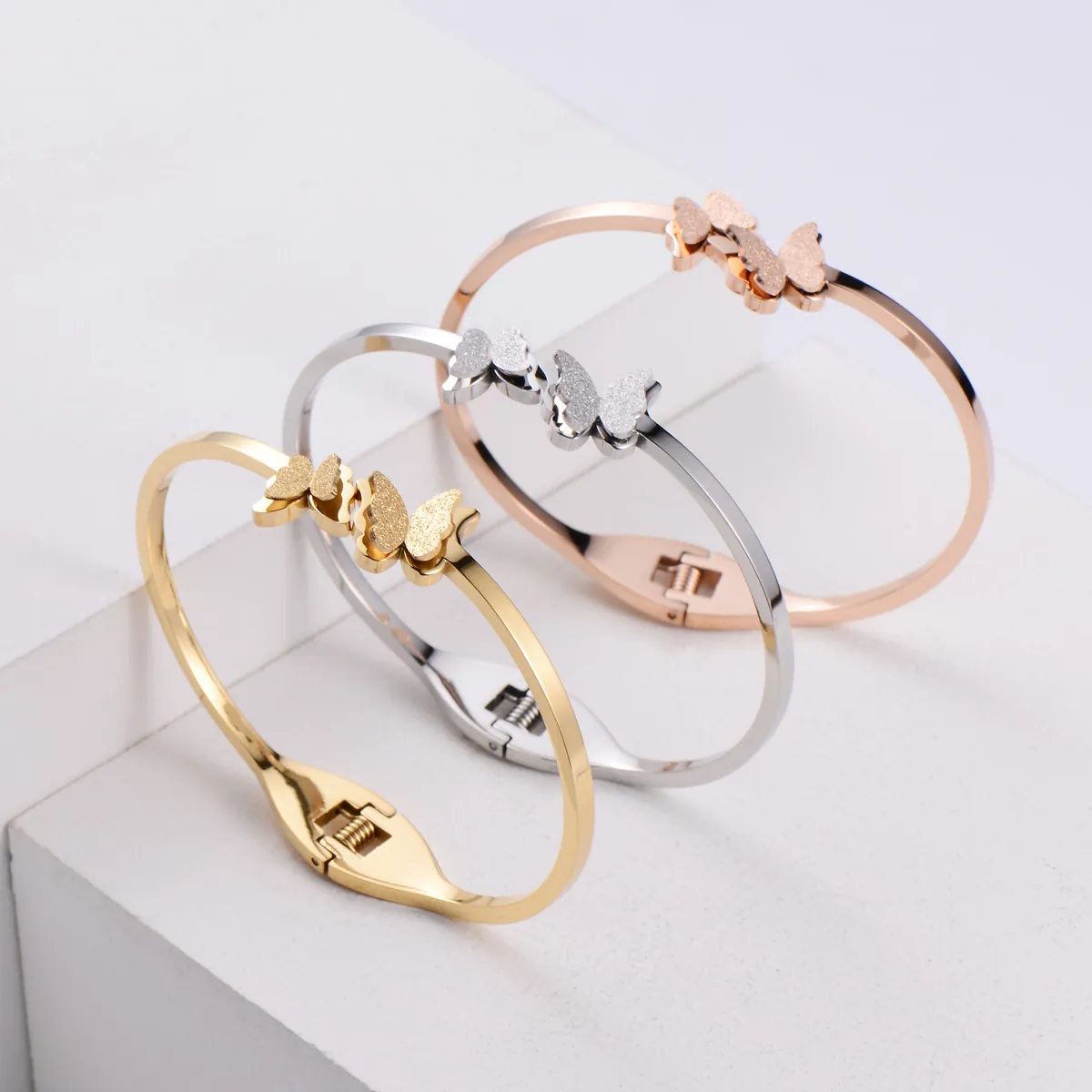 Butterfly Open Bangle Bracelet 316 Stainless Steel Gold Plated Polished Frosted Charm Fashion Jewelry For Women