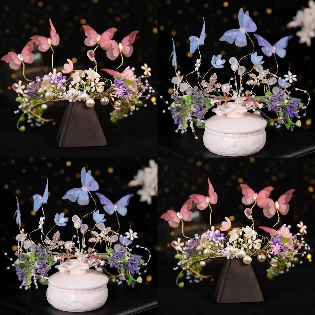 Floral Butterfly Wreath Headband With Faux Artificial Pearls Fabric Flowers Mesh Ribbons For Wedding Party Flower Girl Fairy Style