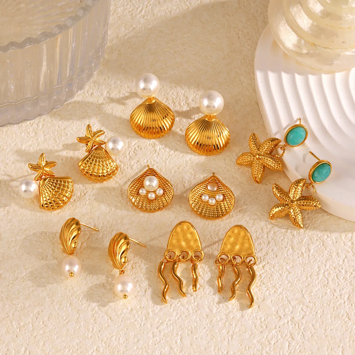 Ocean Starfish Shell Stud Earrings Stainless Steel With Artificial Pearl And Turquoise Stone Beach Holiday Jewelry For Women