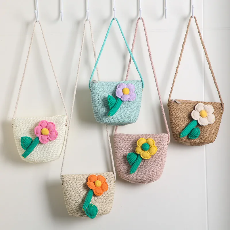 Kinder Stroh Umhängetasche Mini Geflochtene Schultertasche Reißverschluss Sommer Strand Reisen Süß Floral Bogen Teddybär Dekor