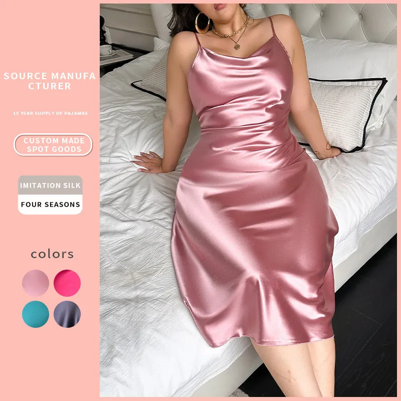 Nuisette En Satin Grande Taille Pour Femmes Col Bénitier Bretelles Spaghetti Nuit En Imitation Satin