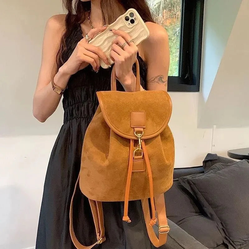 Women Vintage Suede PU Leather Backpack Drawstring Flap Buckle Casual Fashion Shoulder Bag For School Daily Use
