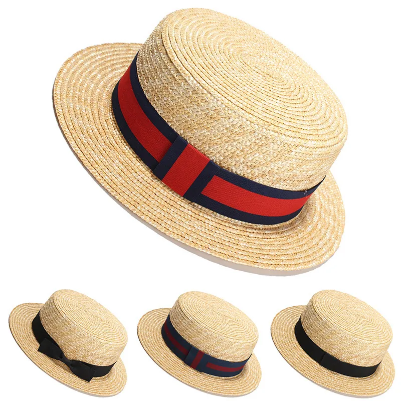 Boater Hat Natural Wheat Straw Flat Top Wide Brim Sun Protection Summer Beach Handwoven Elegant Women Ribbon Bow