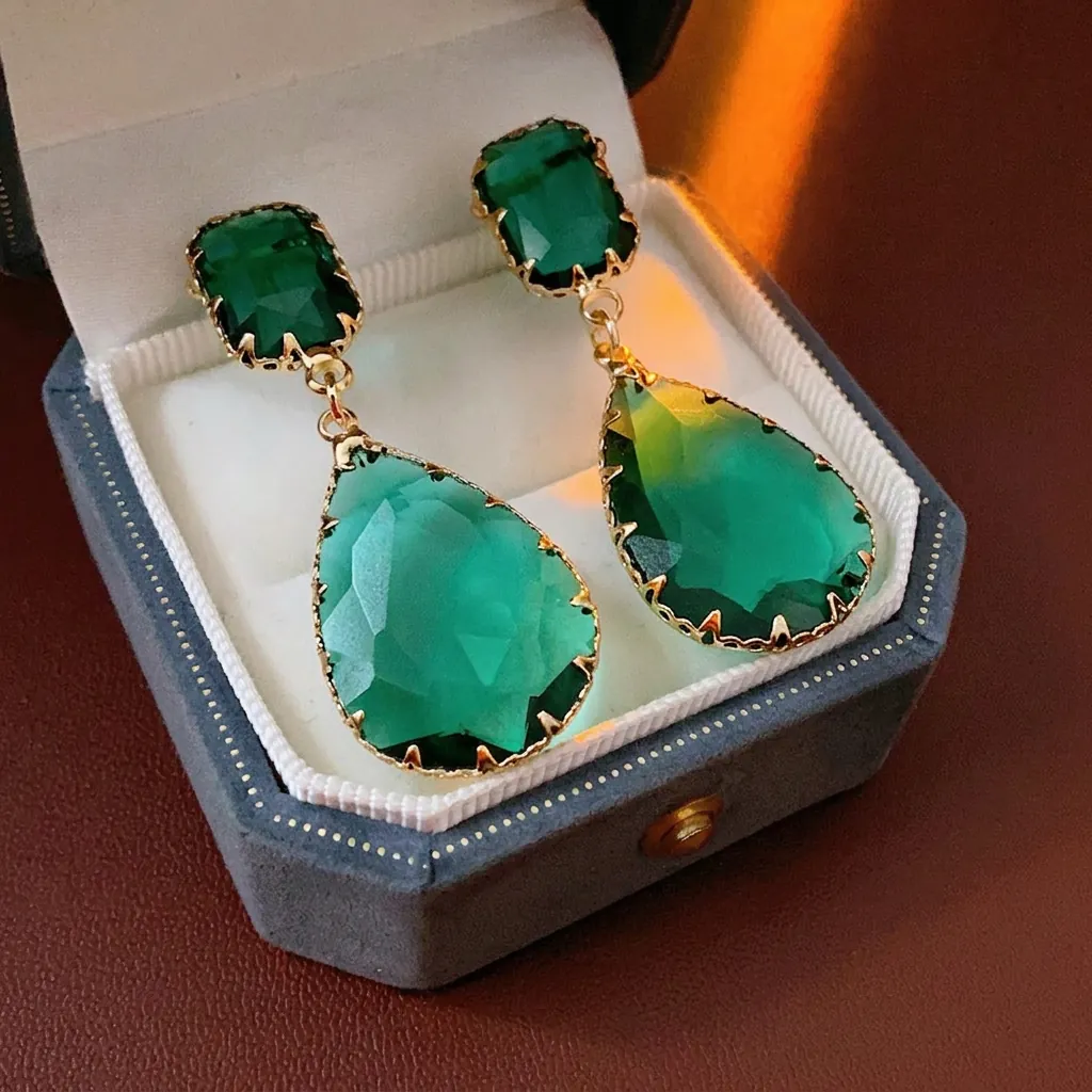 Orecchini Pendenti A Goccia D'acqua Verde Smeraldo Con Perno In Argento Rame Zircone Stile Palazzo Vintage Per Donne