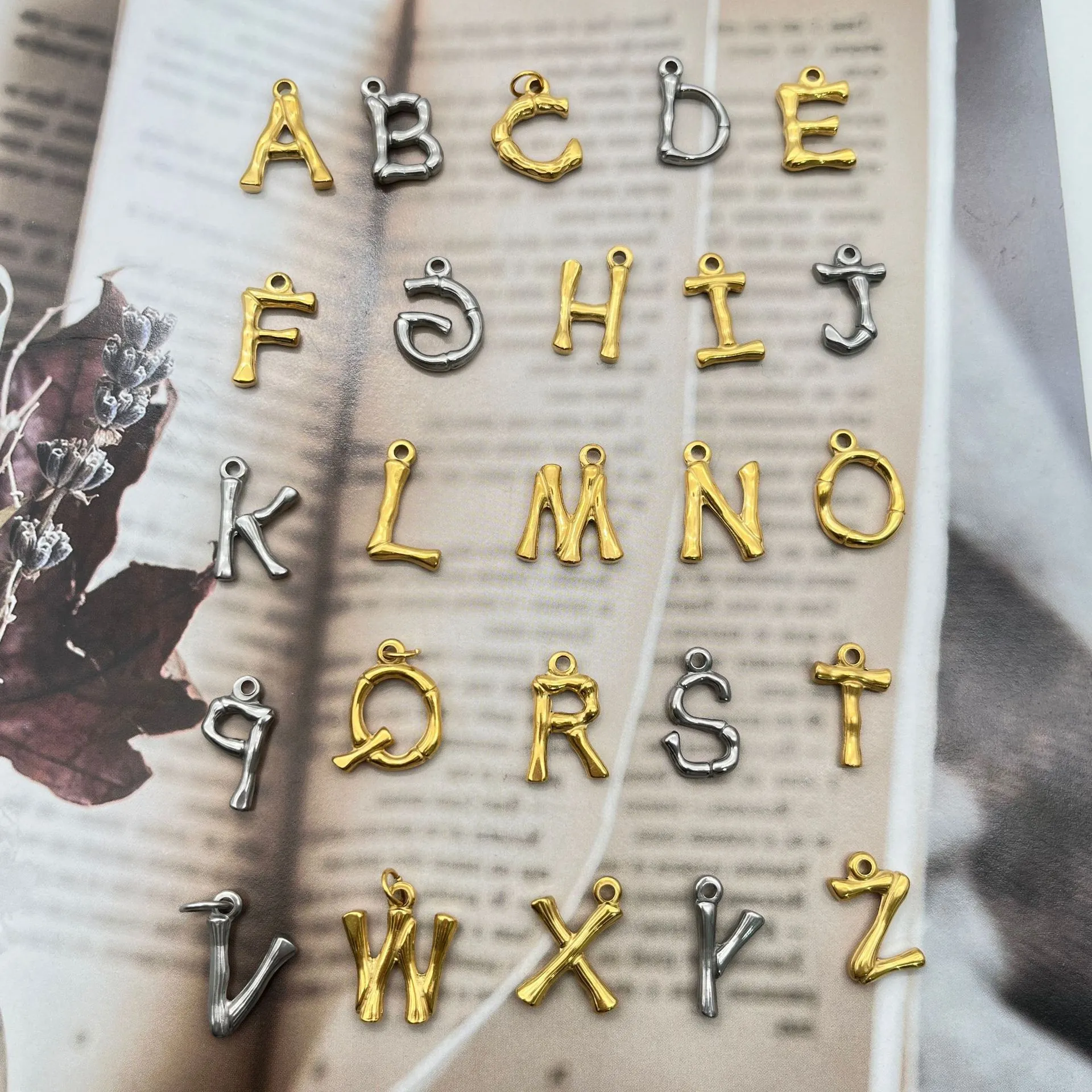 Alphabet Buchstaben Anhänger Edelstahl 18K Vergoldet Bambus Stil Retro DIY Schmuck Zubehör Für Halsketten