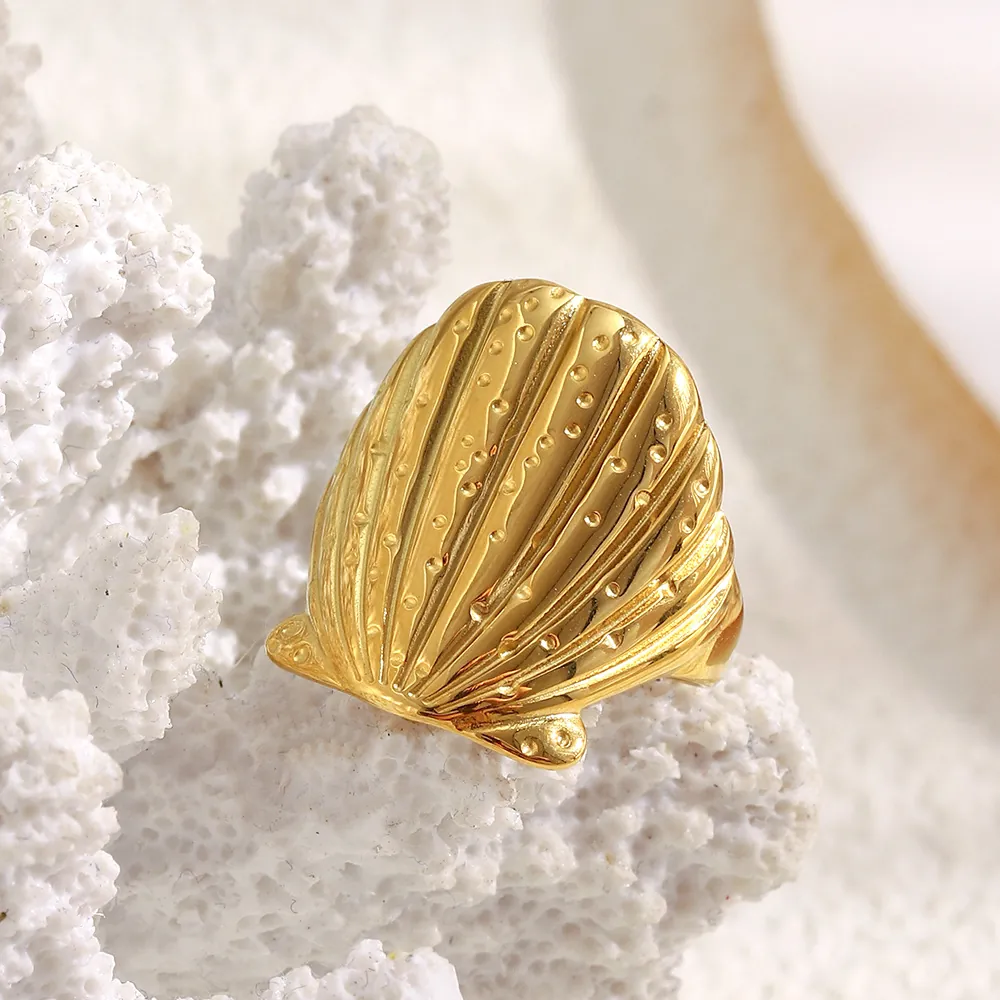 Edelstahl Muschel Ring Für Damen Achtzehn Karat Vergoldet Marine Scallop Textur Offen Verstellbar Fingerring Schmuck Zubehör