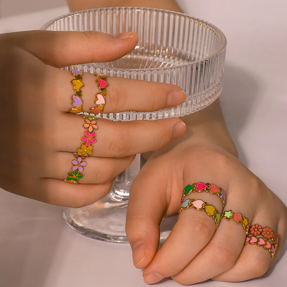 Bunter Emaille Blume Herz Verstellbarer Offener Ring Edelstahl 18K Vergoldet Bohemian Schmuck Für Damen