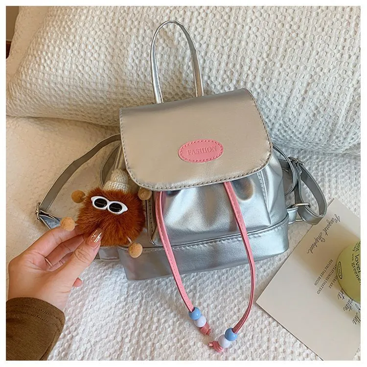 Mini Backpack PU Leather Drawstring Closure Patchwork Vintage Casual Daypack For Women Girls With Plush Monster Charm