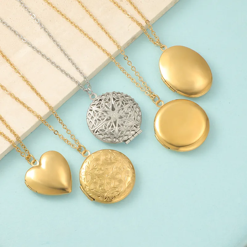 Collier Médaillon Acier Inoxydable 316L Cadre Photo Ouvrable Cœur Rond Ovale Gravé Floral Poli Miroir Bijoux Pour Femmes