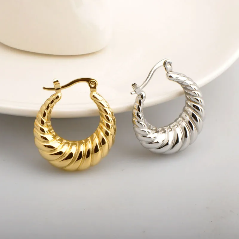 Twisted Croissant Hoop Earrings Stainless Steel Hollow Thread Textured C-Shaped For Women Retro Ins Style