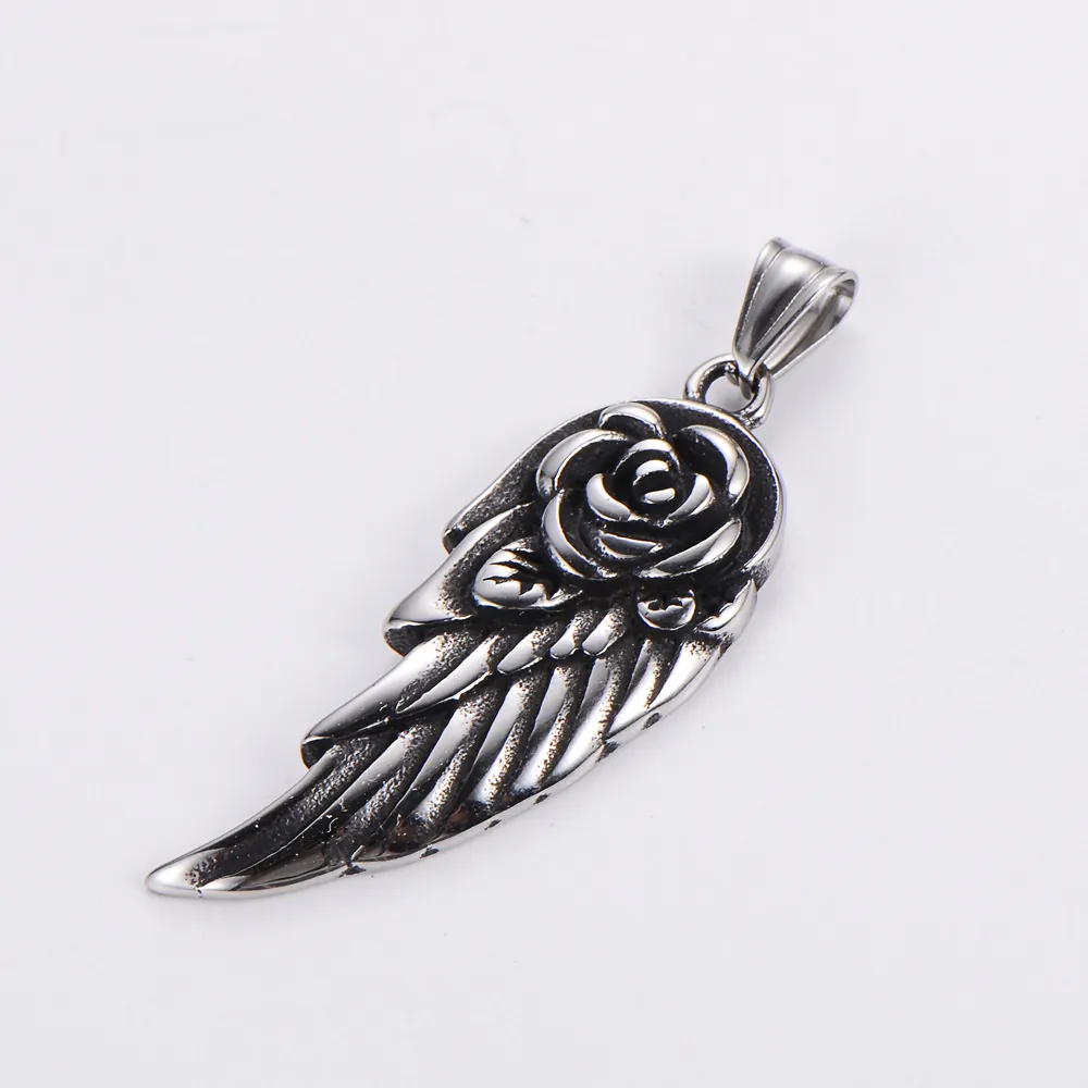 304 Stainless Steel Angel Wing Rose Pendant Necklace Gothic Punk Retro Style Jewelry For Men Women Vintage Polished