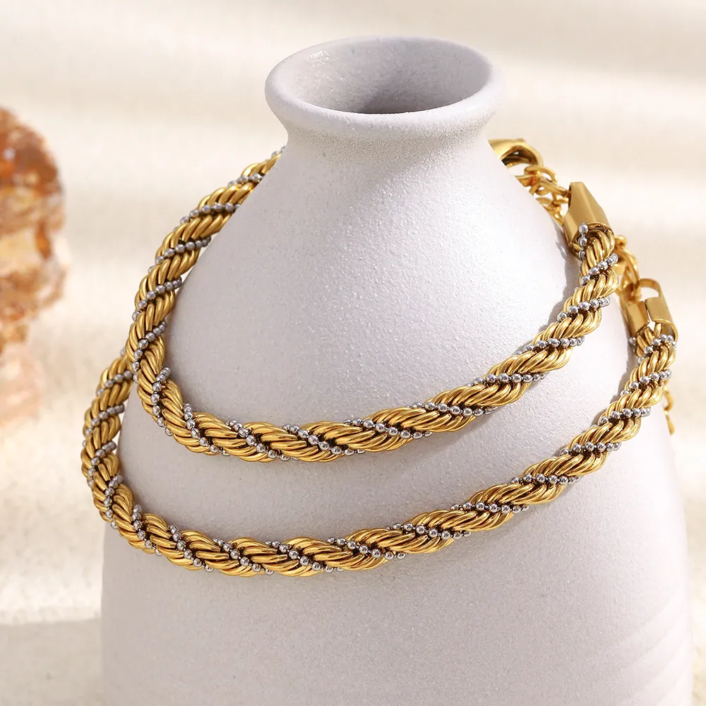Minimalist Two Tone Twisted Rope Bracelet Anklet 18K Gold Plated Stainless Steel Beaded Wrap Jewelry For Women