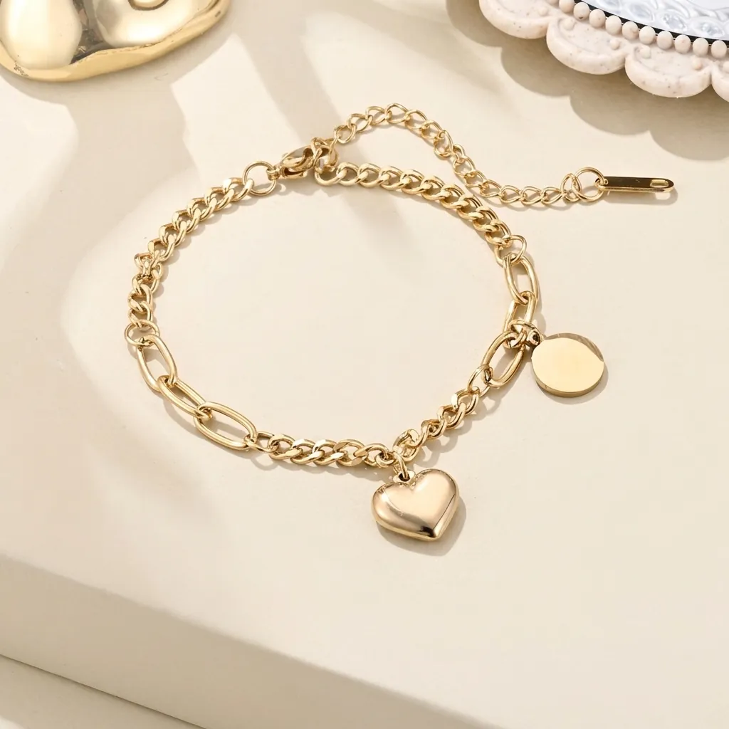 Vintage 18K Gold Plated Stainless Steel Chain Bracelet For Women Men Heart Padlock Handcuffs Pendant Link Bracelet Jewelry Gift