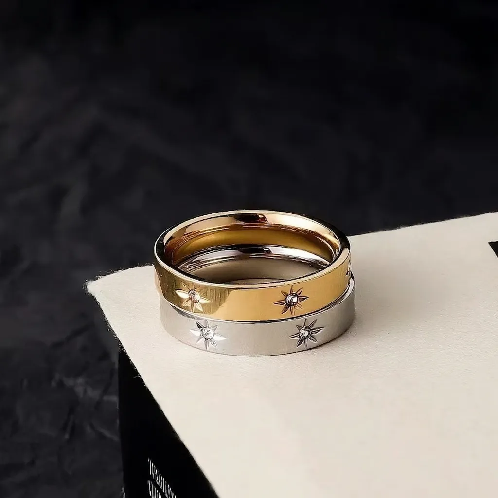 Stainless Steel Star Inlaid Zirconia Ring Elegant Gold Silver Rose Gold Plated Geometric Finger Ring For Women Fashion Jewelry