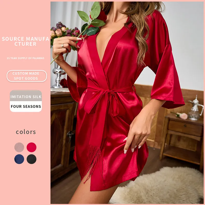Elegant Women Imitation Satin Robe Satin Kimono V-Neck Sleepwear With Tassel Belt Loungewear Casual Solid Nightgown