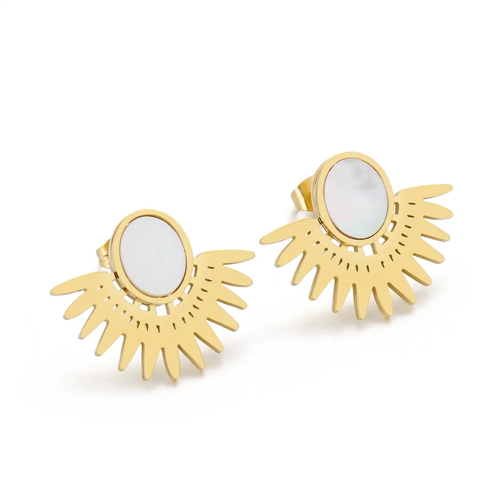 Boucles D'oreilles Éventail Soleil Acier Inoxydable 316L Avec Incrustation Nacre Blanche Plaqué Or Style Rétro Femmes