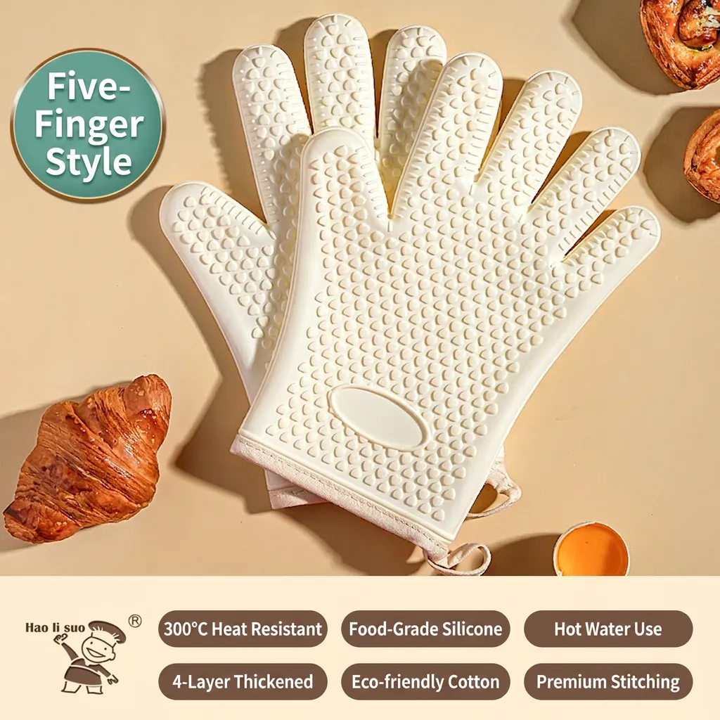 Silicone Heat Resistant Oven Mitts Kitchen Cooking Gloves Non Slip Textured Surface Cotton Lined Baking BBQ Grill Tool