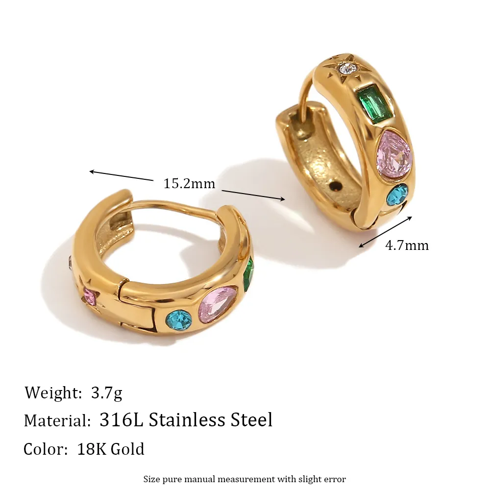 Stainless Steel Hoop Earrings With Multicolored Cubic Zirconia 18K Gold Plated Geometric Retro Style For Women