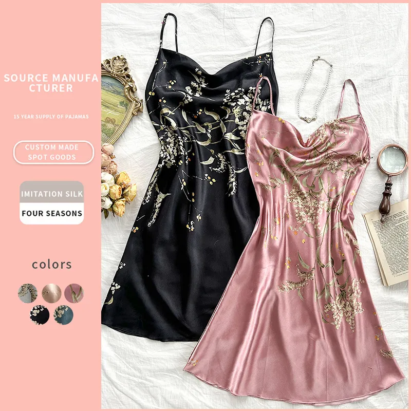 Nuisette Femme Imitation Satin Imprimé Floral Col Bénitier Sexy Bretelles Spaghetti Dos Nu Vêtement De Nuit