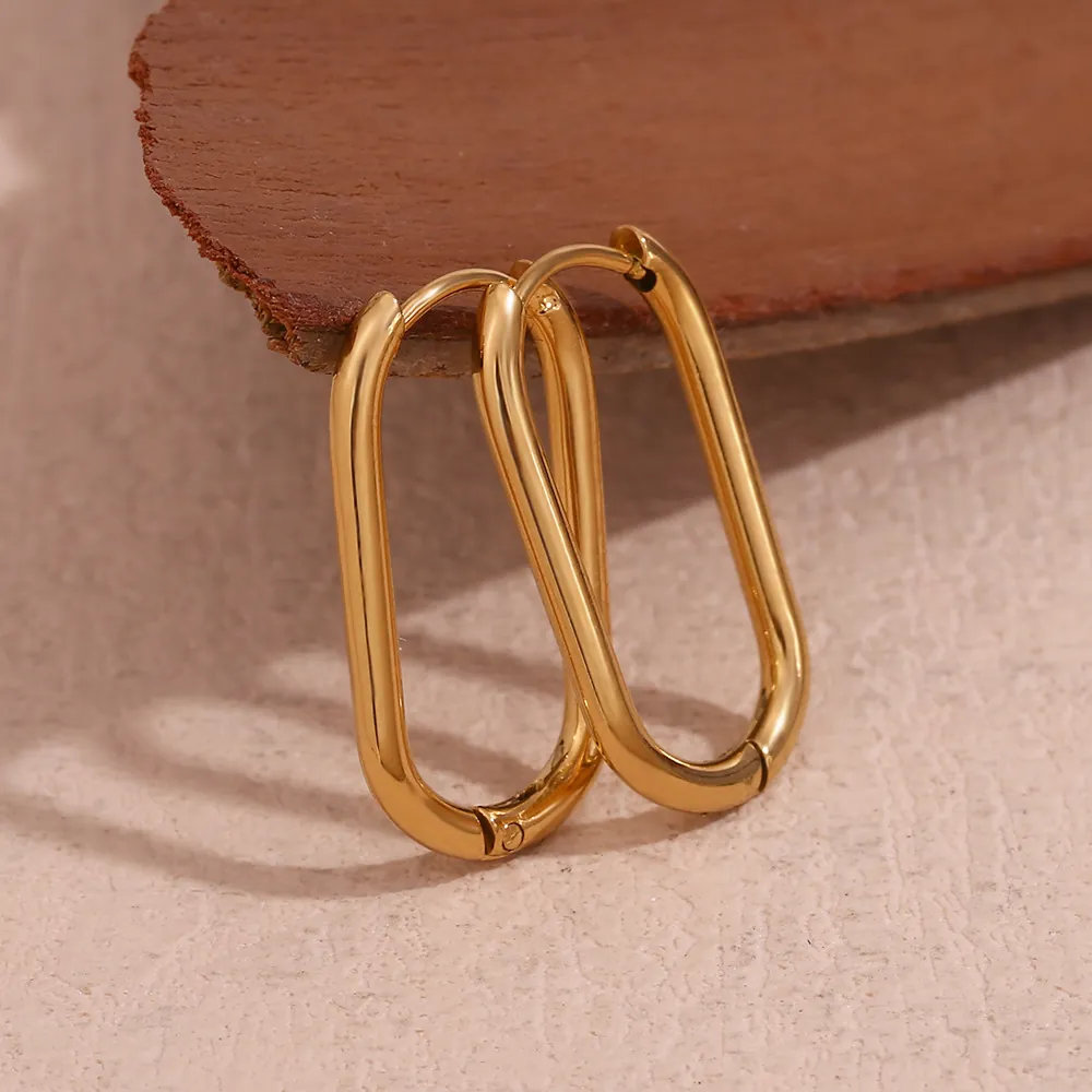 Minimalist Stainless Steel 18K Gold Plated Oval Hoop Earrings For Women Simple Geometric Long O-Shape Earrings Jewelry Gift