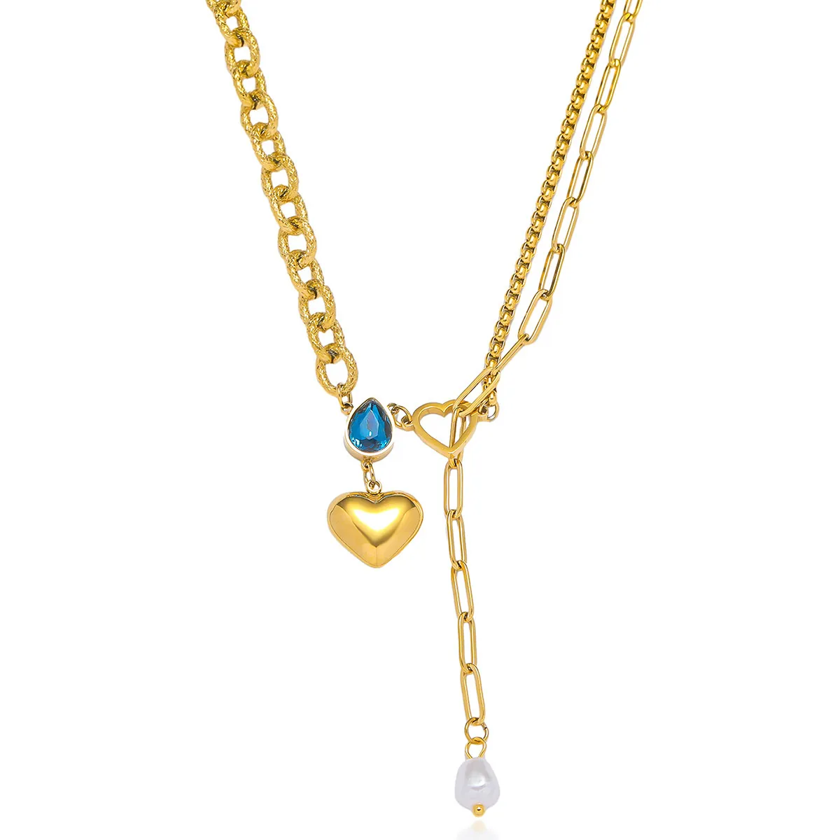 Heart Blue Zircon Teardrop Stainless Steel Necklace With Faux Artificial Pearl Asymmetric Chain Dainty Jewelry For Women