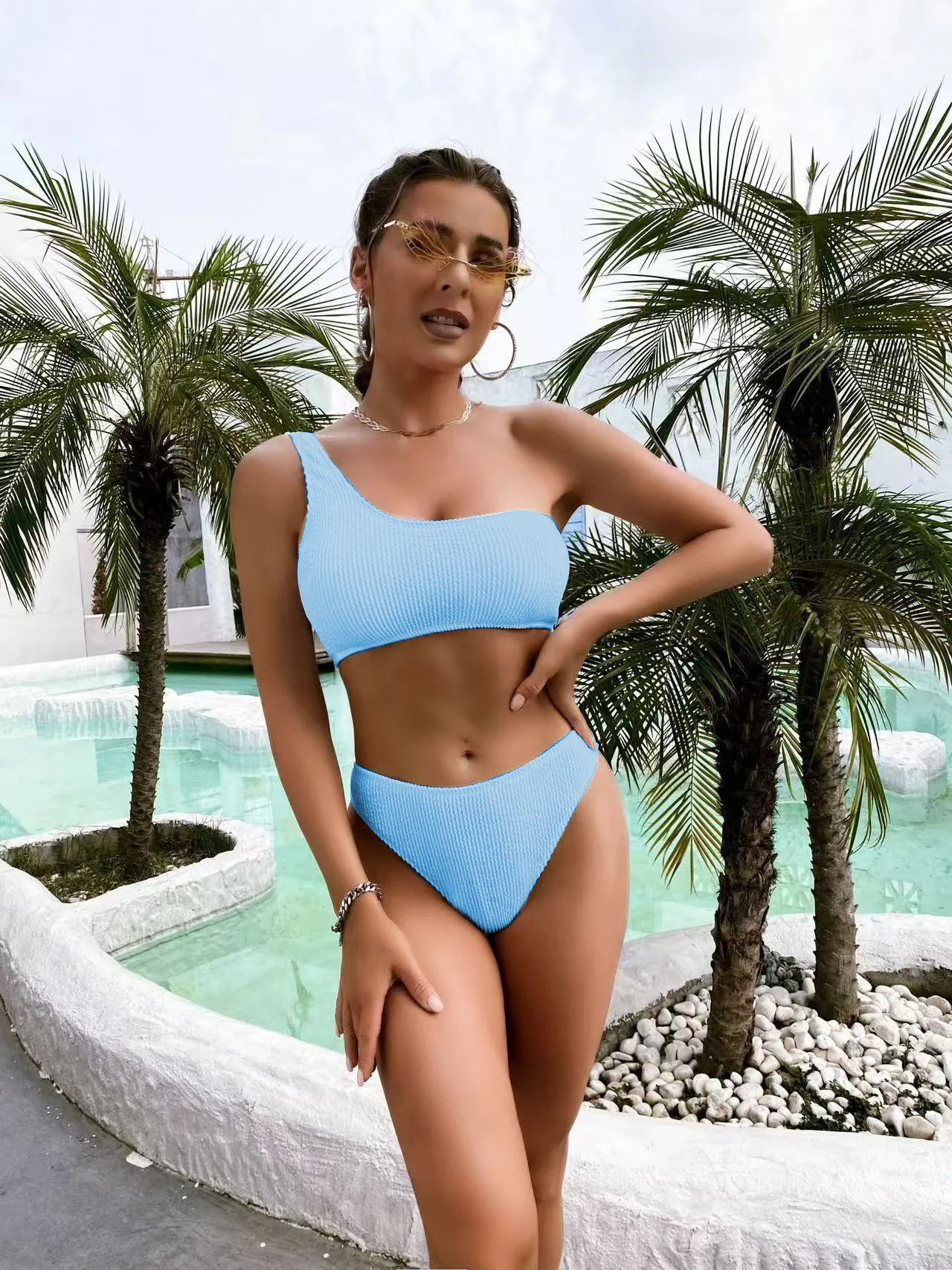 One Shoulder Smocked Bikini Top And High Cut Bottoms Textured Swimsuit Beachwear For Women Sky Blue Polyester