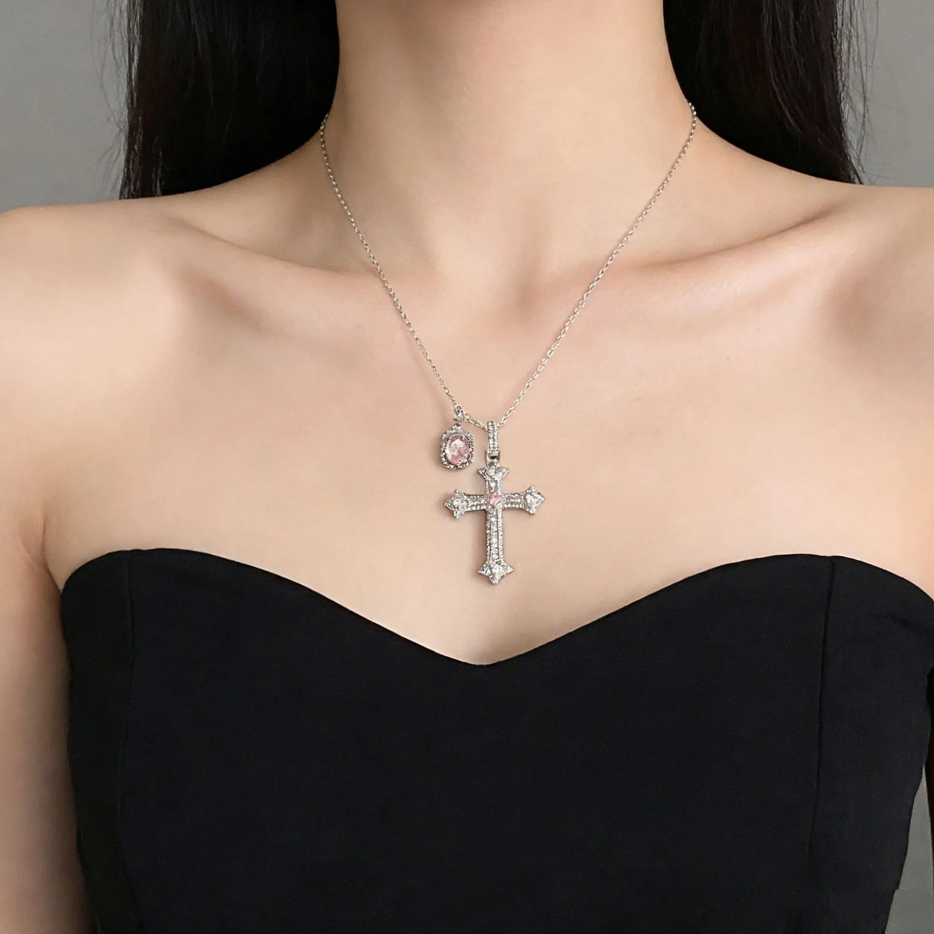 Cross Pendant Necklace Alloy Zircon Inlaid Water Drop Clavicle Chain Enamel Detail Minimalist Jewelry For Women
