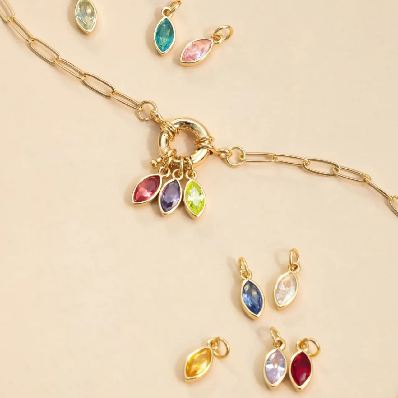 Marquise Cut Birthstone Pendant Necklace Copper Gold Plated Colorful Zircon Jewelry For Women Elegant Birthday Gift