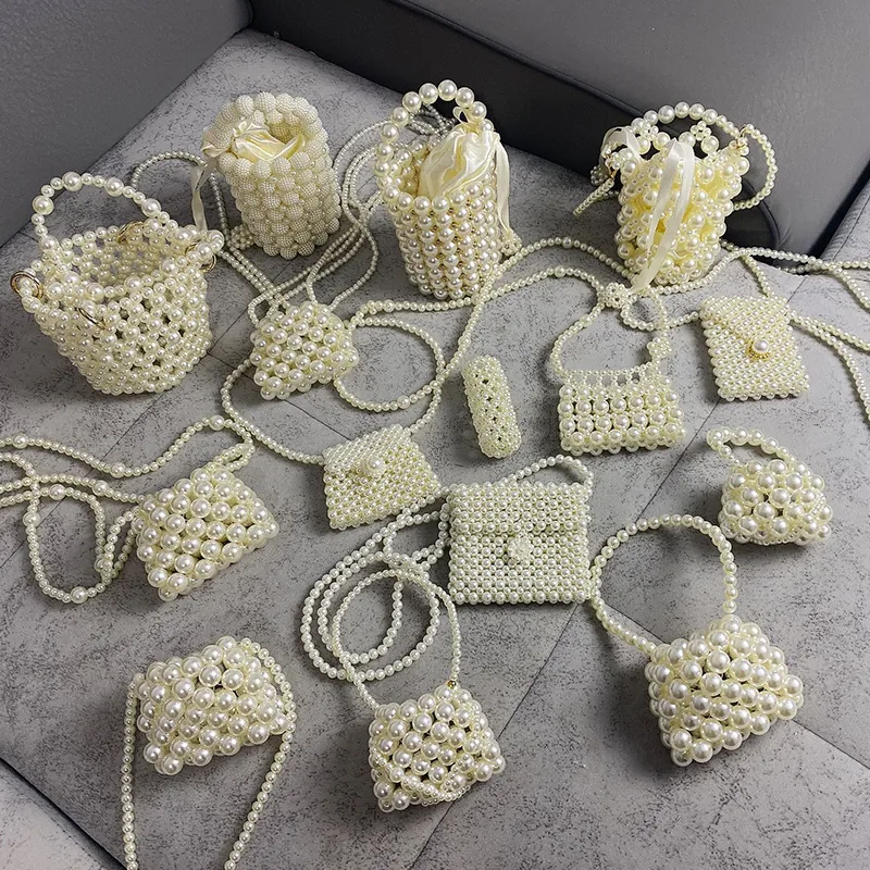 Handmade Faux Artificial Pearl Woven Mini Bag Retro Elegant Beaded Crossbody Handbag Evening Purse For Women Girls