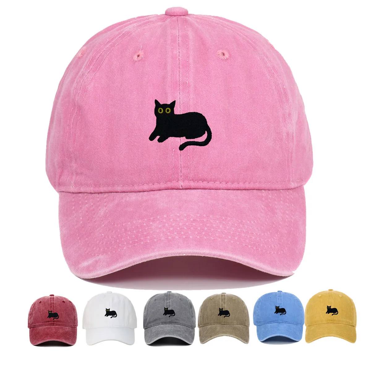 Black Cat Embroidery Washed Cotton Retro Distressed Baseball Cap Adjustable Unisex Sun Hat Outdoor Casual