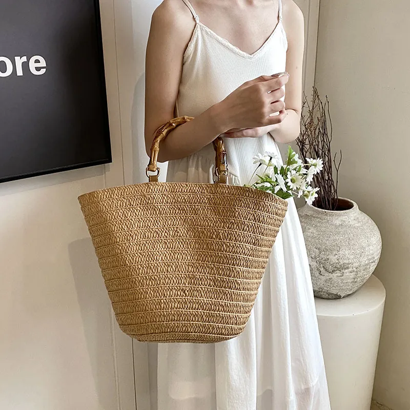 Handwoven Straw Tote Bag With Bamboo Handle Large Capacity Summer Beach Vacation Handbag For Women