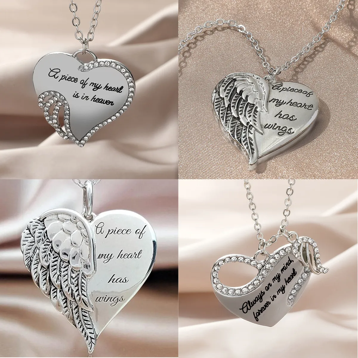 Angel Wing Heart Pendant Necklace Alloy Rhinestone Memorial Sentimental Engraved Jewelry For Women
