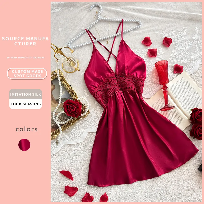 Women Sexy Satin Nightgown Lace V Neck Spaghetti Strap Cross Back Sleepwear Chemise Loungewear
