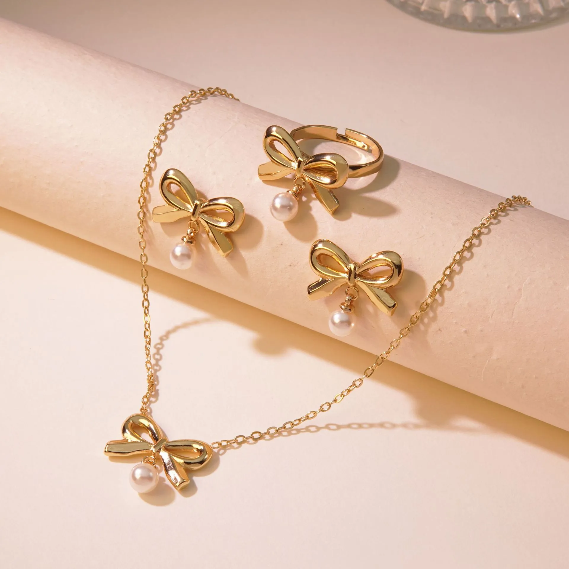 Bowknot Artificial Pearl Necklace Earring Ring Jewelry Stainless Steel Gold Plated French Elegant Accessory Women Accessory