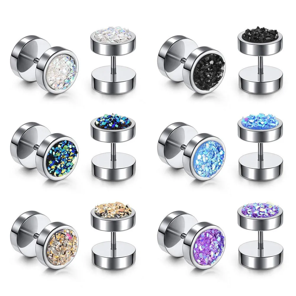 Dumbbell Barbell Stud Earrings Stainless Steel With Druzy Crushed Crystal For Women Men Punk Round Screw Back