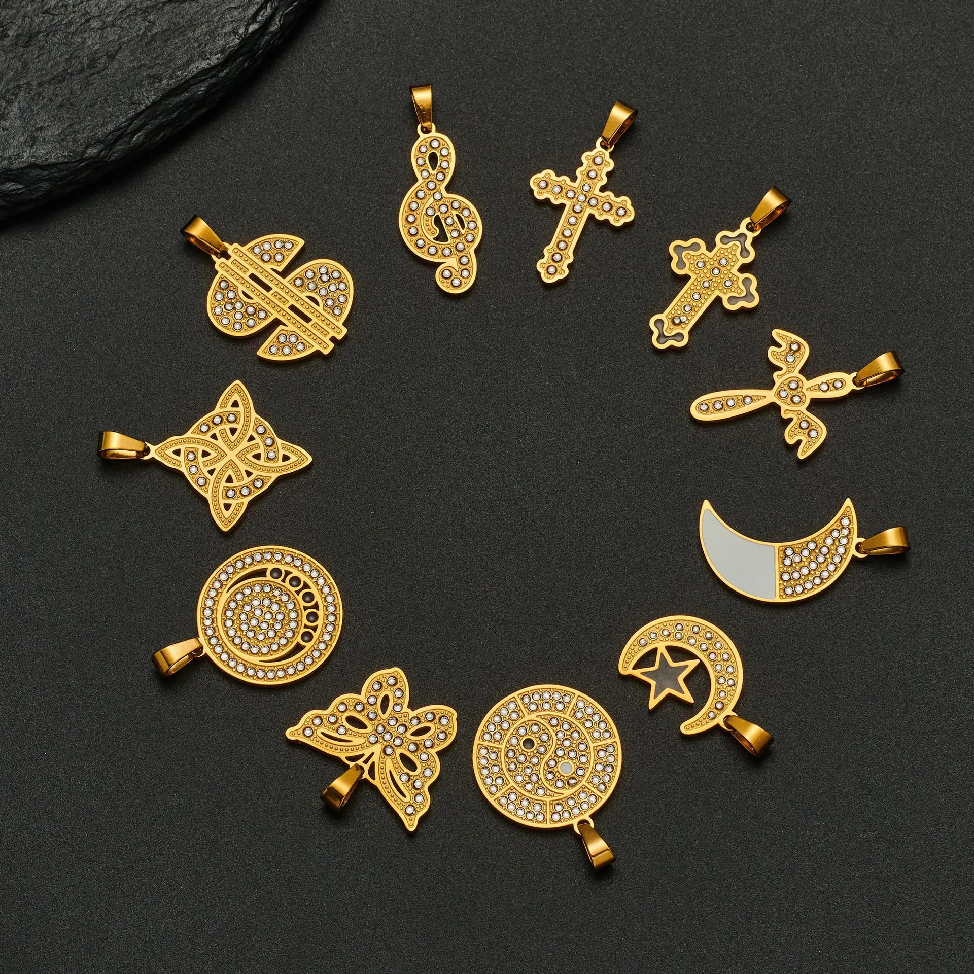 Vintage Stainless Steel Pendant Necklace 18K Gold Plated Rhinestone Inlaid Hip Hop Cross Butterfly Moon Jewelry For Men Women