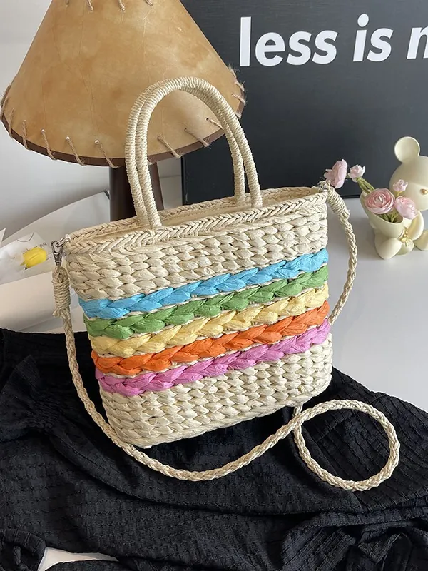Rainbow Stripes Straw Woven Tote Bag Colorblock Summer Beach Holiday Handbag With Long Shoulder Strap For Women