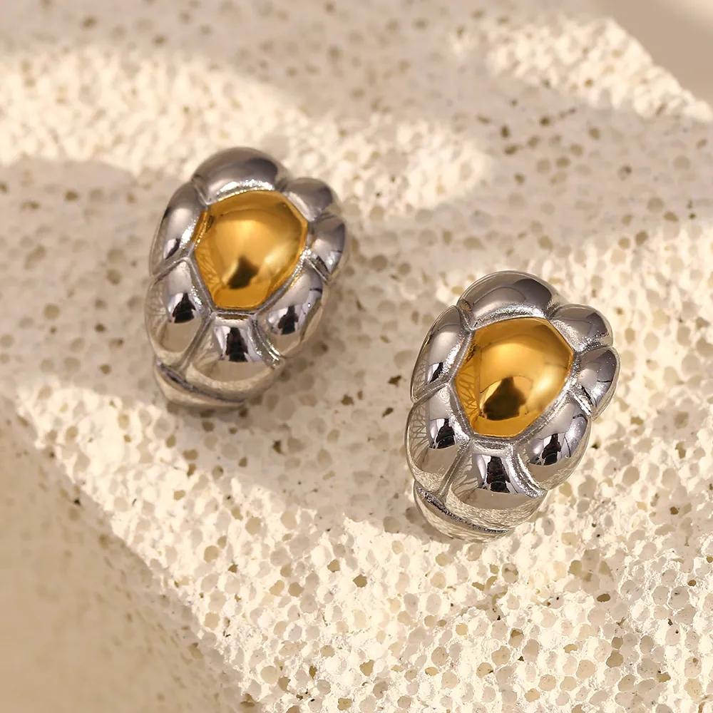 Two-Tone Bull Horn Stud Earrings Stainless Steel 18K Gold Plated Vintage Armor Texture Geometric Jewelry For Women