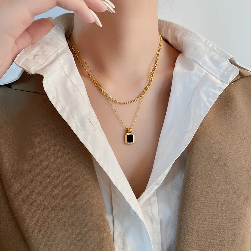 Double Layer Necklace Titanium Stainless Steel 18K Gold Plated Black Rectangle Pendant Figaro Chain French Retro Jewelry