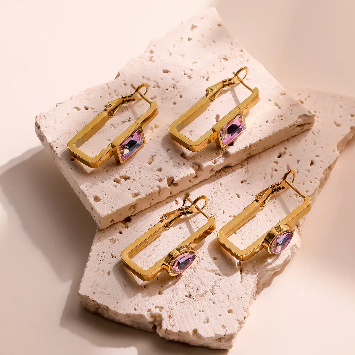 Geometric Rectangular Hoop Earrings Gold Plated Titanium Steel Colorful Zirconia Gemstones Fashion Jewelry For Women