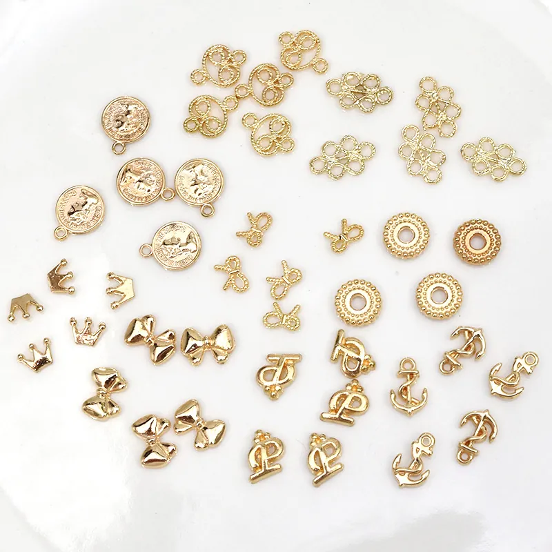 Mini Alloy Charms Gold Color For DIY Jewelry Making And Nail Art Decorations Crown Bow Anchor Coin Designs