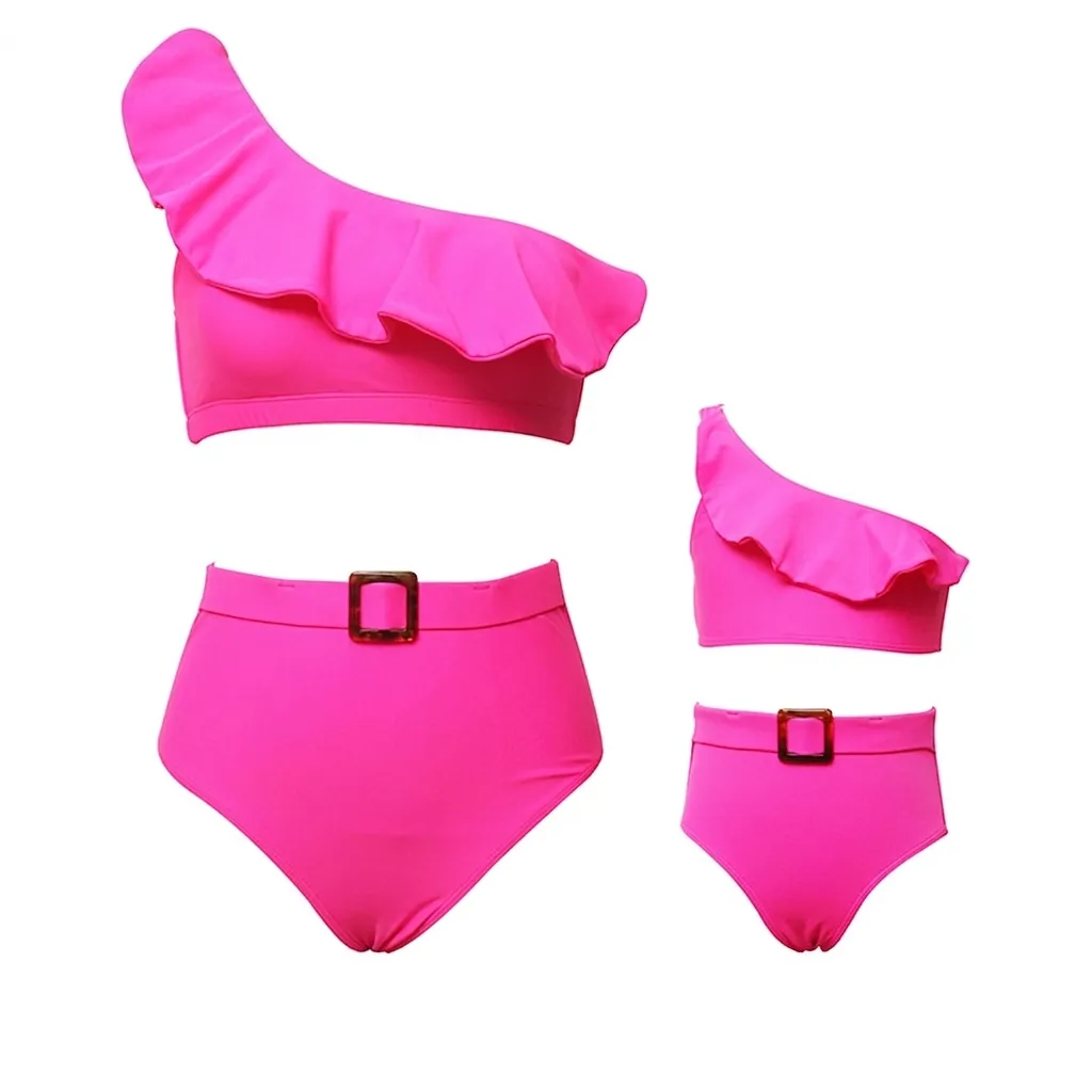 Costumi Da Bagno Bikini Top E Pantaloni Abbinati Mamma E Me Spalla Asimmetrica Con Volant Vita Alta In Nylon Moda Mare