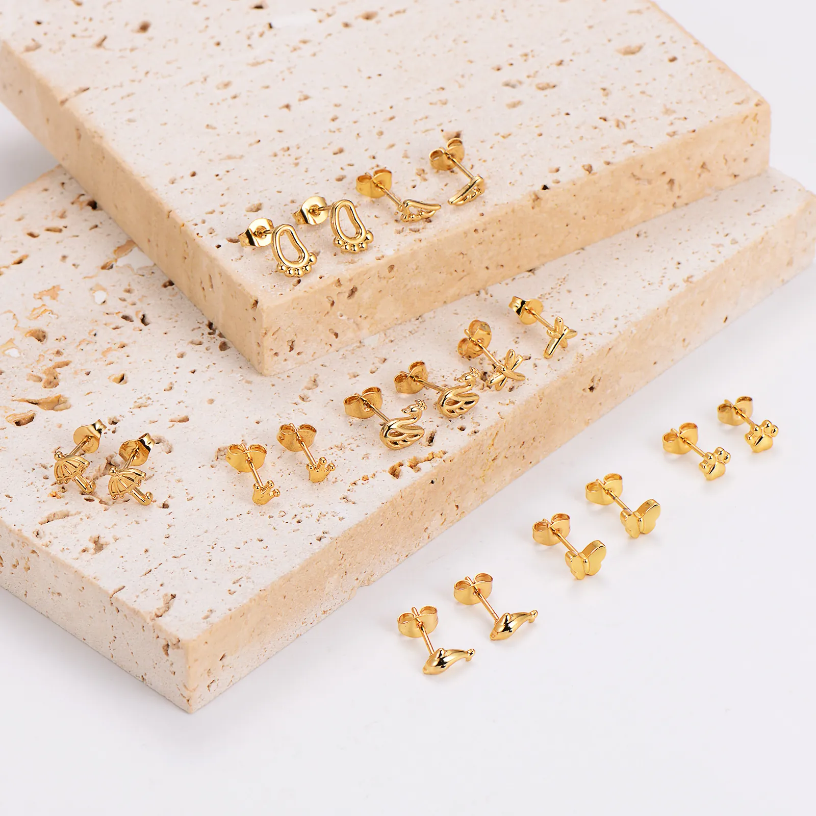 Gold Plated 304 Stainless Steel Stud Earrings Tiny Butterfly Crown Animal Paw Dragonfly Swan Shapes Minimalist Jewelry Women