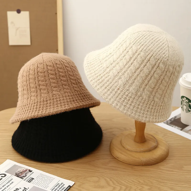 Knit Bucket Hat Autumn Winter Warm Cable Crochet Polyester Basin Hat For Women Men Casual Soft Thick Windproof Headwear