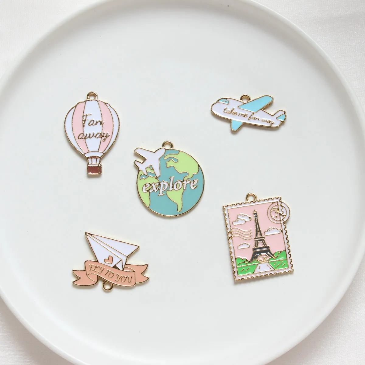 Travel Theme Enamel Charms Alloy Hot Air Balloon Airplane Globe Pendants For DIY Jewelry Making Bracelet Necklace