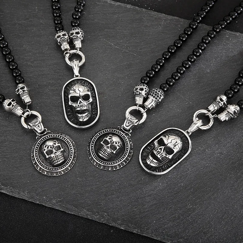 Men Skull Pendant Necklace With Agate Beads And Stainless Steel Zircon Inlay Gothic Punk Style Jewelry Gift