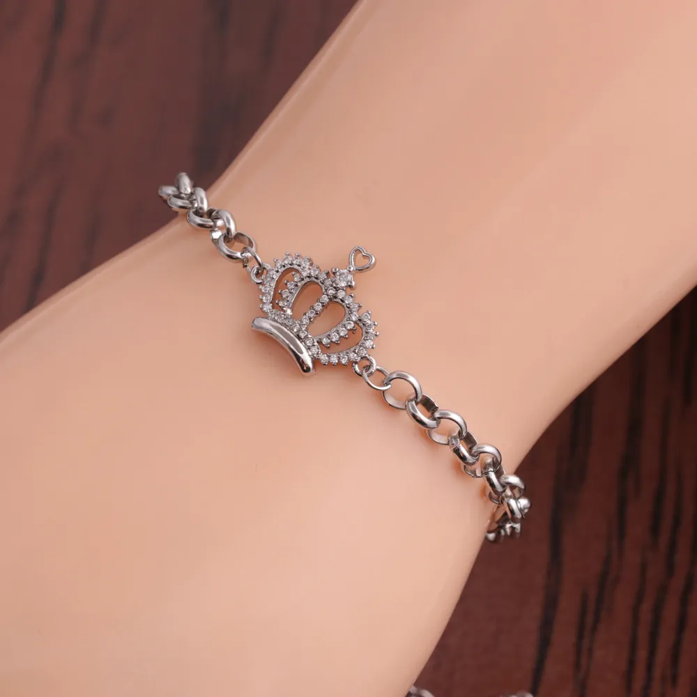 Bracciale Acciaio Inossidabile Ciondolo Corona Micro Pavé Zirconia Catena Regolabile Gioielli Moda Elegante Donna Argento