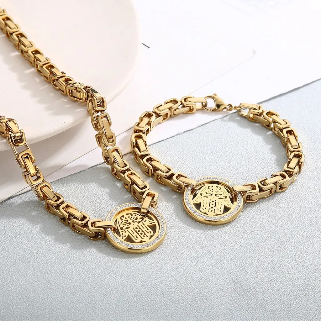 Ensemble de Bijoux Main de Fatma en Acier Inoxydable pour Femmes Collier Pendentif Main Hamsa Strass Bracelet Bijoux